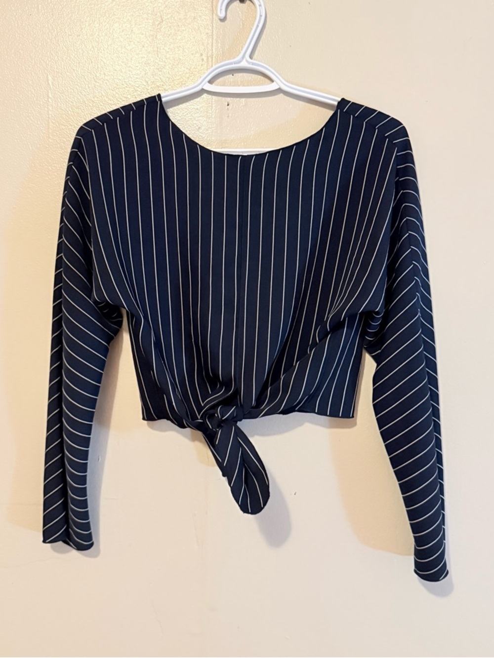 Babaton - Striped Navy Tie-Front Long Sleeve Cropped Top